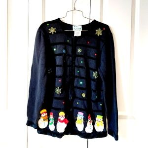 Snowman Sequin Snowflake‎ Chenille Zip Cardigan Medium Quacker Factory Christmas
